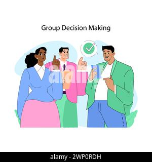 Group decision making concept. Diverse team of men and woman collaboratively selects best course of action. Synergy in decision process. Brainstorming solutions together. Flat vector illustration Stock Vector