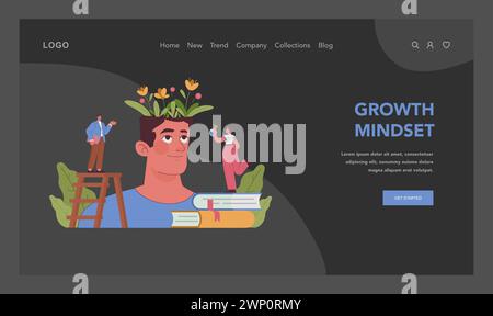Growth mindset concept. Man and woman watching as flowers grow on persons head. Cultivating knowledge as nurturing minds garden. Lifelong learning and self-improvement. Flat vector illustration Stock Vector