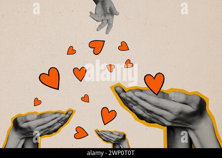 Trend artwork sketch image composite photo collage of silhouette three huge hands reach out fall heart love support friendship share kind Stock Photo