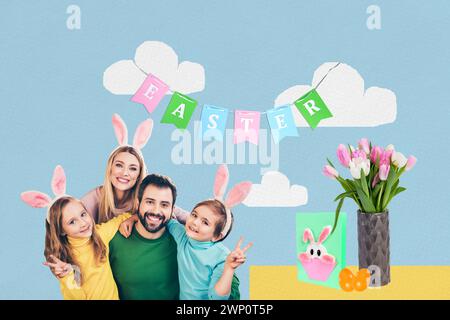 Composite collage image of cute family play together decor celebrate easter holiday traditional invitation billboard comics zine minimal Stock Photo