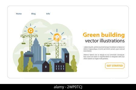 Green building concept. Urban skyline integrating sustainable architecture with cranes placing eco symbols. Prioritizing eco-friendly structures and renewable solutions. Flat vector illustration. Stock Vector