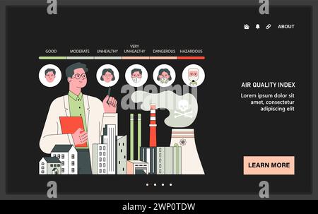 Air pollution index measurement dark or night mode web, landing. Scientist explains the health impact of factory emissions with an air quality index chart. Flat vector illustration. Stock Vector