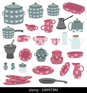 Vector set of dishes, plates and bonfires, cups and teapots. Stock Vector