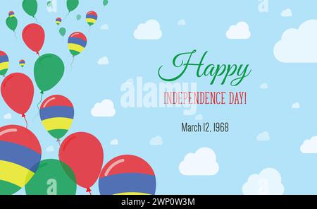 Mauritius Independence Day Sparkling Patriotic Poster. Row of Balloons in Colors of the Mauritian Flag. Greeting Card with National Flags, Blue Skyes Stock Vector