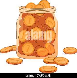 A glass jar completely filled with coins. Concept financial literacy, savings, bank deposits, tips, donation. Stock Vector