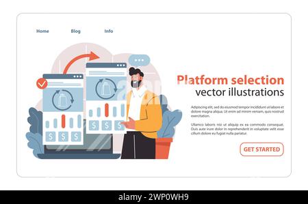 A discerning businessman analyzes metrics on multiple screens, making strategic platform selection for optimized native advertising campaigns. Stock Vector