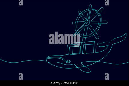 One continuous line wheel helm computer developer app concept. Business digital open source program. Data coding steering vector line illustration Stock Vector