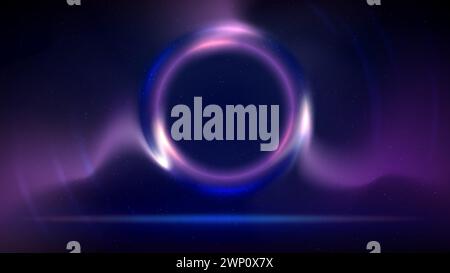 Stage. Pink blue purple circular lighting background, Shining light ring. Spot of light. Illuminated stage, dark blue backdrop. Glowing circle Stock Vector