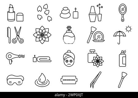 spa icon. beauty and spa icon set. makeup, spa stone, nail polish, lipstick, essential oil, etc. line icon style. beauty element vector illustration Stock Vector