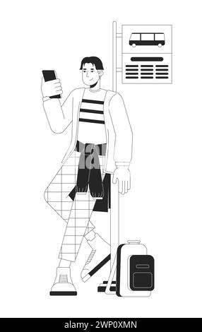 Asian guy leaning on road sign bus stop black and white 2D line cartoon character Stock Vector