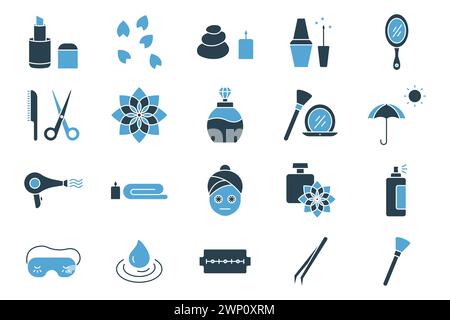 spa icon. beauty and spa icon set. makeup, spa stone, nail polish, lipstick, essential oil, etc. solid icon style. beauty element vector illustration Stock Vector
