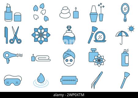spa icon. beauty and spa icon set. makeup, spa stone, nail polish, lipstick, essential oil, etc. flat line icon style. beauty element vector illustrat Stock Vector