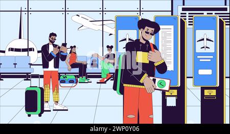 Airport passenger at self check in kiosk cartoon flat illustration Stock Vector