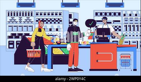 Wireless paying at grocery cartoon flat illustration Stock Vector