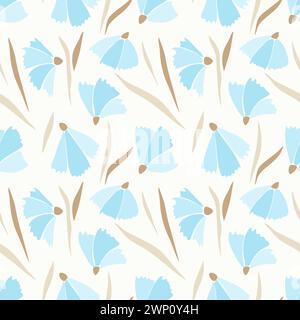 Cornflowers pattern of blue flowers and brown leaves on pastel creme background. Vector illustration Stock Vector