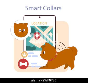 Smart Collars concept. A dog with a high-tech collar interacts with a map on a tablet, symbolizing pet location tracking. Secure and connected. Stock Vector