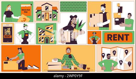 Packing moving house bento grid illustration set Stock Vector