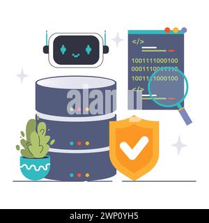 Data modeling and evaluation set. An intelligent bot scrutinizes codes while safeguarding data integrity on servers. Flat vector illustration Stock Vector