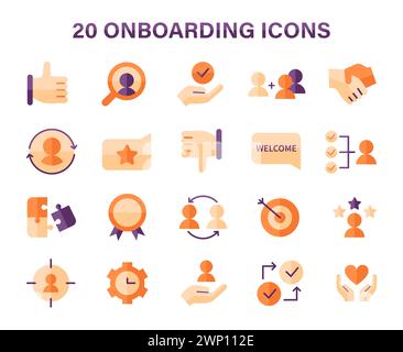 Onboarding icons set. Icons depicting key steps in welcoming and integrating new members. Guidance, support, evaluation, and success in a nurturing environment. Flat vector illustration. Stock Vector