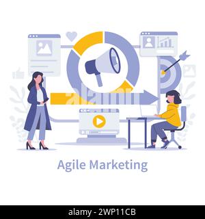 Agile Marketing concept. Rapidly adapting strategies in real-time, leveraging analytics for market responsiveness. Efficient, data-driven campaign cycles. Vector illustration. Stock Vector