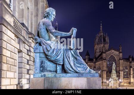 Edinburgh, United Kingdom. 04 March, 2024 Pictured: The David Hume statue, sculpted by Alexander Stoddart stands on Edinburgh’s Royal Mile close to St Stock Photo