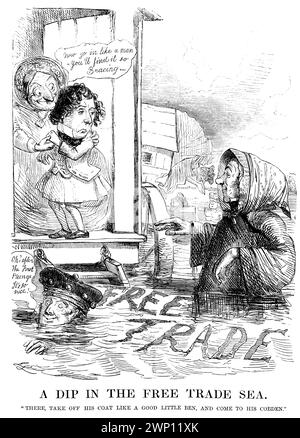 A dip in the free trade sea, political cartoon from 1852 Punch Magazine Stock Photo