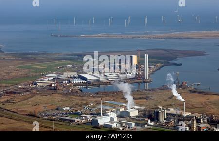 aerial view of Hartlepool Power Station (yellow building) a nuclear power station Stock Photo