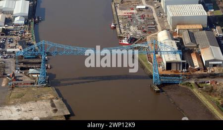 aerial view of the now closed Middlesbrough Transporter Bridge, (sometimes known as the Tees Transport Bridge) Stock Photo