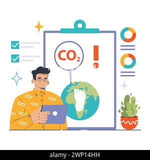 Carbon Footprint Awareness concept. Analyst with tablet calculates environmental impact, signaling CO2 emissions. Earth health, sustainable metrics. Action against climate change. vector illustration Stock Vector