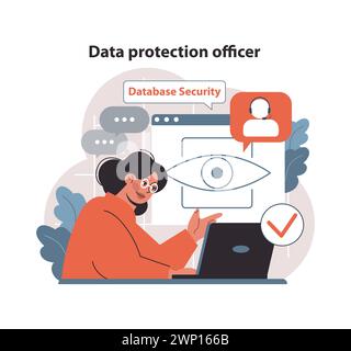 Data protection officer concept. Expert woman monitors database security, ensuring privacy with an observant eye icon. Digital safety and GDPR compliance. Flat vector illustration. Stock Vector