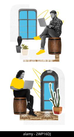 Contemporary art collage. Two employees on barrels using laptops, working or studding in distance, surrounded plants, and colorful windows Stock Photo