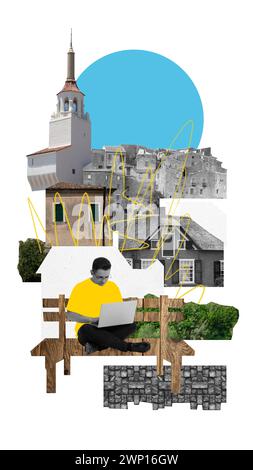 Modern aesthetic artwork. Young man, student sitting on bench and using laptop surrounded architecture buildings, castles. Stock Photo
