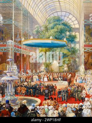 Queen Victoria and Prince Albert opening The Great Exhibition 1851 at the Inauguration Ceremony inside The Crystal Palace, London, England. Watercolour painting by Eugène Lami, 1854 Stock Photo