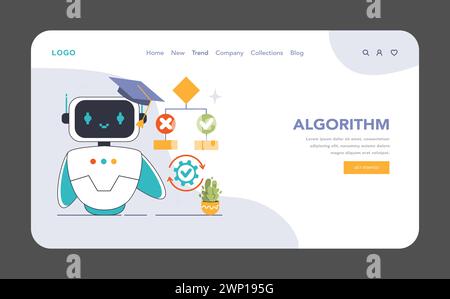 Algorithm concept. A friendly robot with a graduation cap represents the learning aspect of AI, next to a flowchart with decision paths. Flat vector illustration Stock Vector