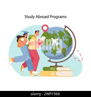Global learning adventure. Eager international students with globe map and flying plane, symbolizing the exciting opportunities of study abroad programs. Education possibilities. Flat vector Stock Vector