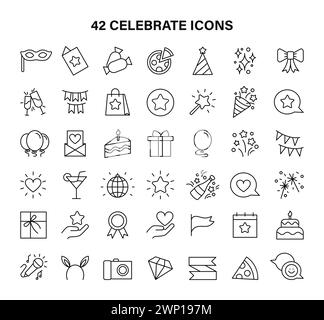 A collection of 42 unique celebration-themed vector icons, capturing the essence of the holidays. Perfect for event invitations, greeting cards and holiday graphics. Flat vector illustration. Stock Vector