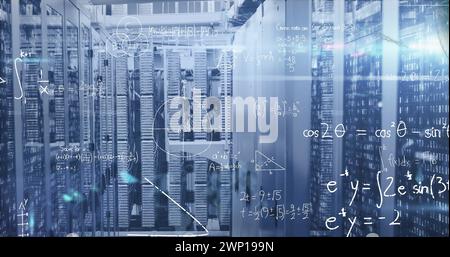 Image of mathematical equations and data processing over computer servers Stock Photo