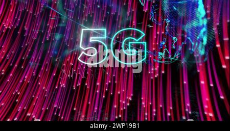 Digital image of 5g text against purple light trails on black background Stock Photo