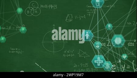 Image of network of connections with icons over mathematical equations on green background Stock Photo