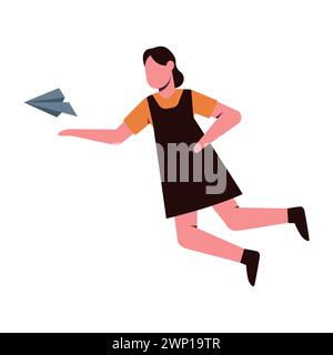 Floating girl with paper plane. Abstract people in the air, flying imagination flat vector illustration Stock Vector