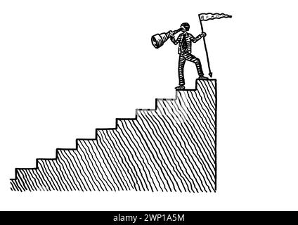 Freehand pen drawing of business man atop a staircase planting a summit flag and looking back downwards through a hand-held telescope. Metaphor for ac Stock Photo