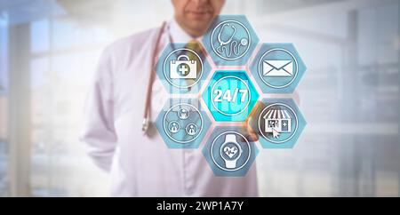 Unrecognizable internet-savvy physician touching virtual 24/7 button on remote care interface. Healthcare and technology concept for patient-centric t Stock Photo