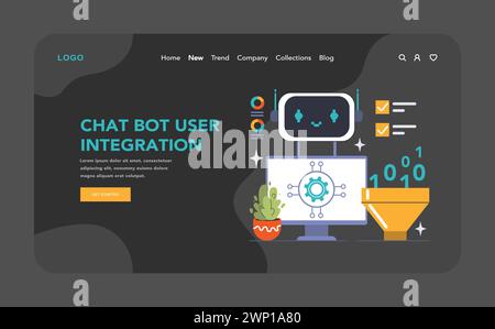 Chat Bot User Integration dark or night mode web, landing. Digital assistant, processing user data with machine algorithms. Customer experience, instant troubleshooting. Flat vector illustration Stock Vector