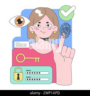 Digital security concept. Woman showcasing advanced biometric verification, fingertip scanning, and password protection. Monitoring personal data safety. Flat vector illustration. Stock Vector