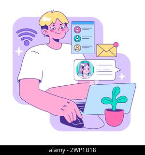 Dedicated young professional interacts with digital elements, managing contacts and emails while staying connected, with a lively plant beside him. Flat vector illustration. Stock Vector