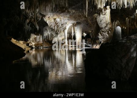 The stalactites hanging from the ceiling of Lake Cave (WA) and  the 'Suspended Table' are perfectly reflected in the tranquil water below Stock Photo