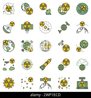 Nuclear Weapons in Space concept colored icons set. Nuclear Bomb, Space-Based Nukes, Radiation and Satellite Systems creatiive vector signs collection Stock Vector