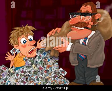 Cartoon art, stamp collecting, philately, young collector having postage stamps poured over him from a large mail sack, illustrating bargain kiloware Stock Photo