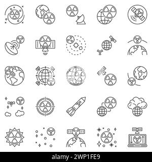 Nukes in Space outline icons set - Space-Based Nuclear Weapons, Missile and Satellite Systems thin line concept vector symbols Stock Vector