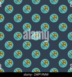 Satellite with Radiation sign vector Nuclear Weapon in Space concept round colored seamless pattern Stock Vector